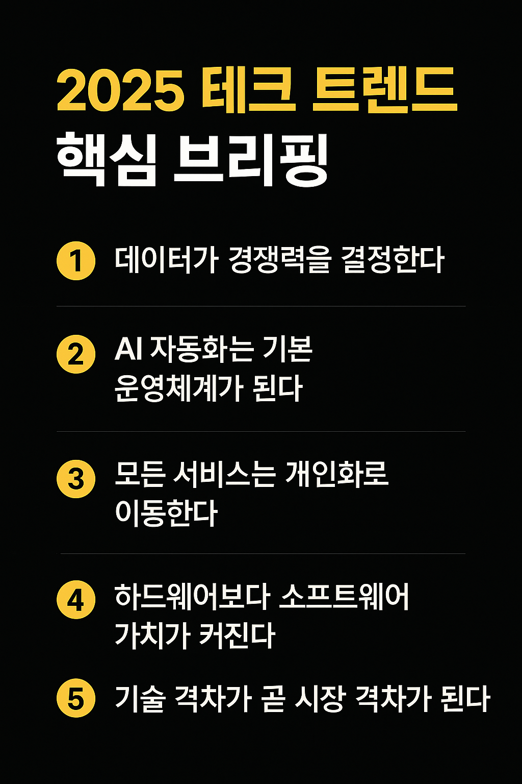 2025년 기술 시장 변화를 다룬 현대적 블랙 하이테크 인포그래픽