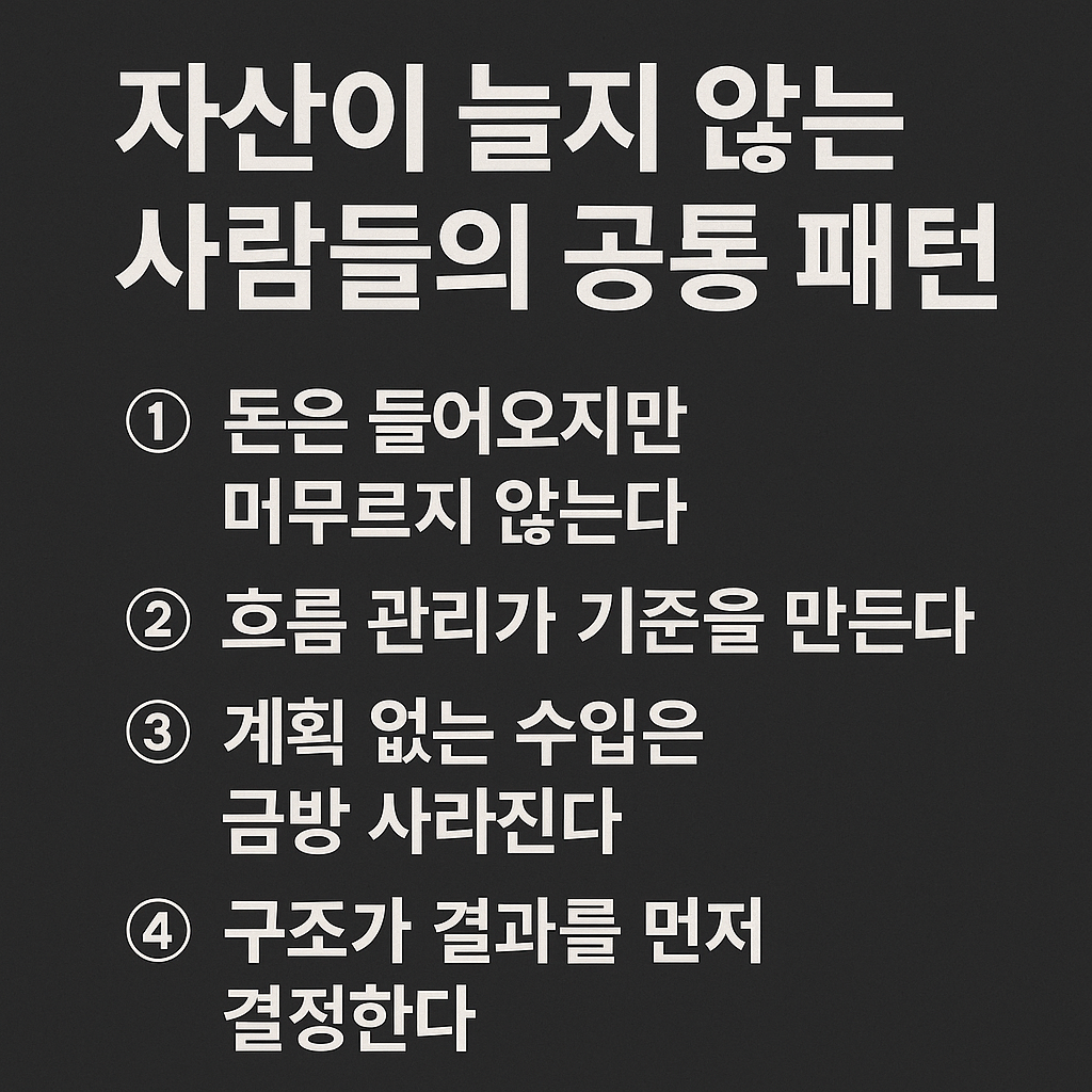 자산이 늘지 않는 이유를 돈의 흐름, 구조, 관리 관점에서 5가지 핵심 패턴으로 정리한 인포그래픽