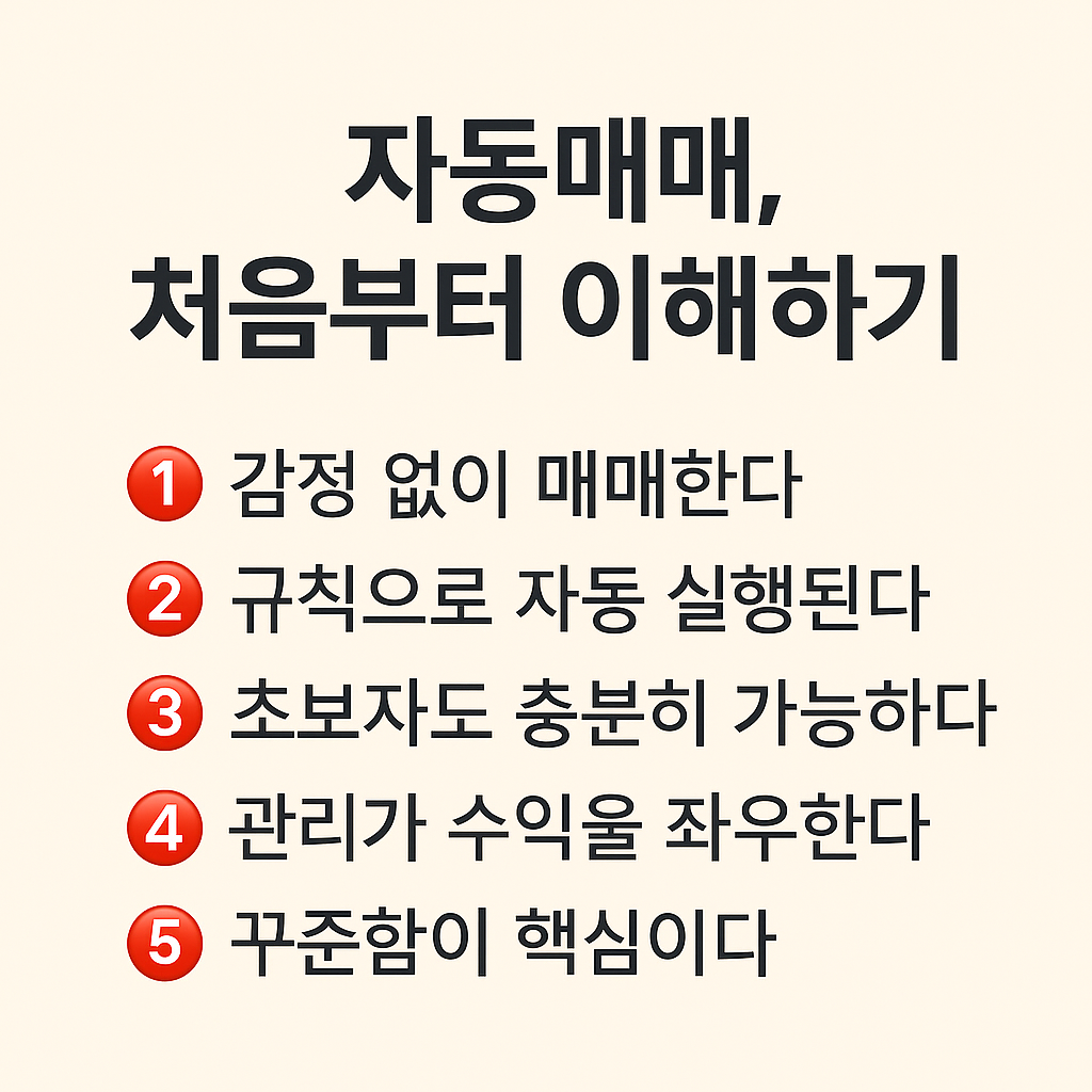 초보자를 위해 감정 없는 매매, 규칙 기반 실행, 관리의 중요성과 꾸준함의 핵심을 한눈에 정리한 인포그래픽 이미지
