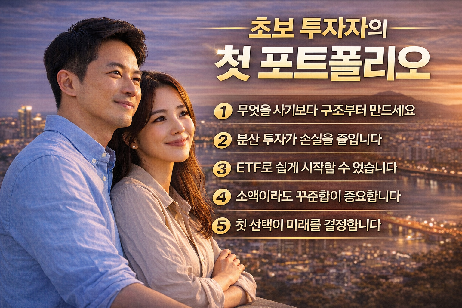 초보 투자자를 위한 첫 포트폴리오 구축 방법을 5단계 원칙으로 정리한 인포그래픽 이미지