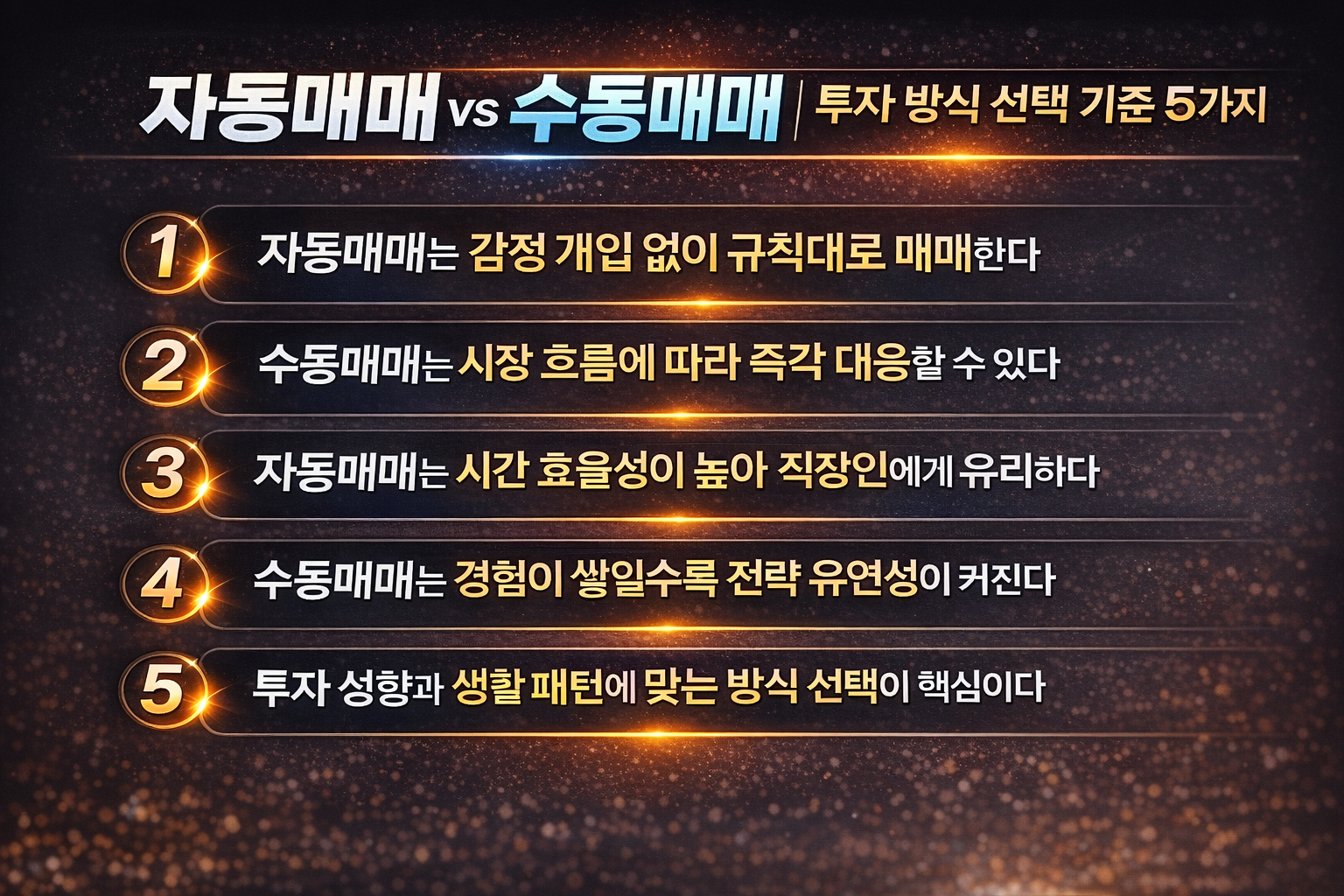 자동매매와 수동매매의 차이점과 투자 방식 선택 기준을 5가지 문구로 정리한 텍스트 중심 인포그래픽