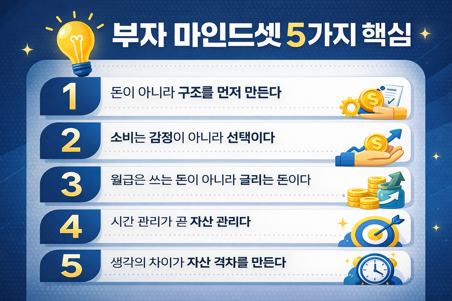 부자 마인드셋 5가지 핵심 원칙을 한눈에 정리한 인포그래픽