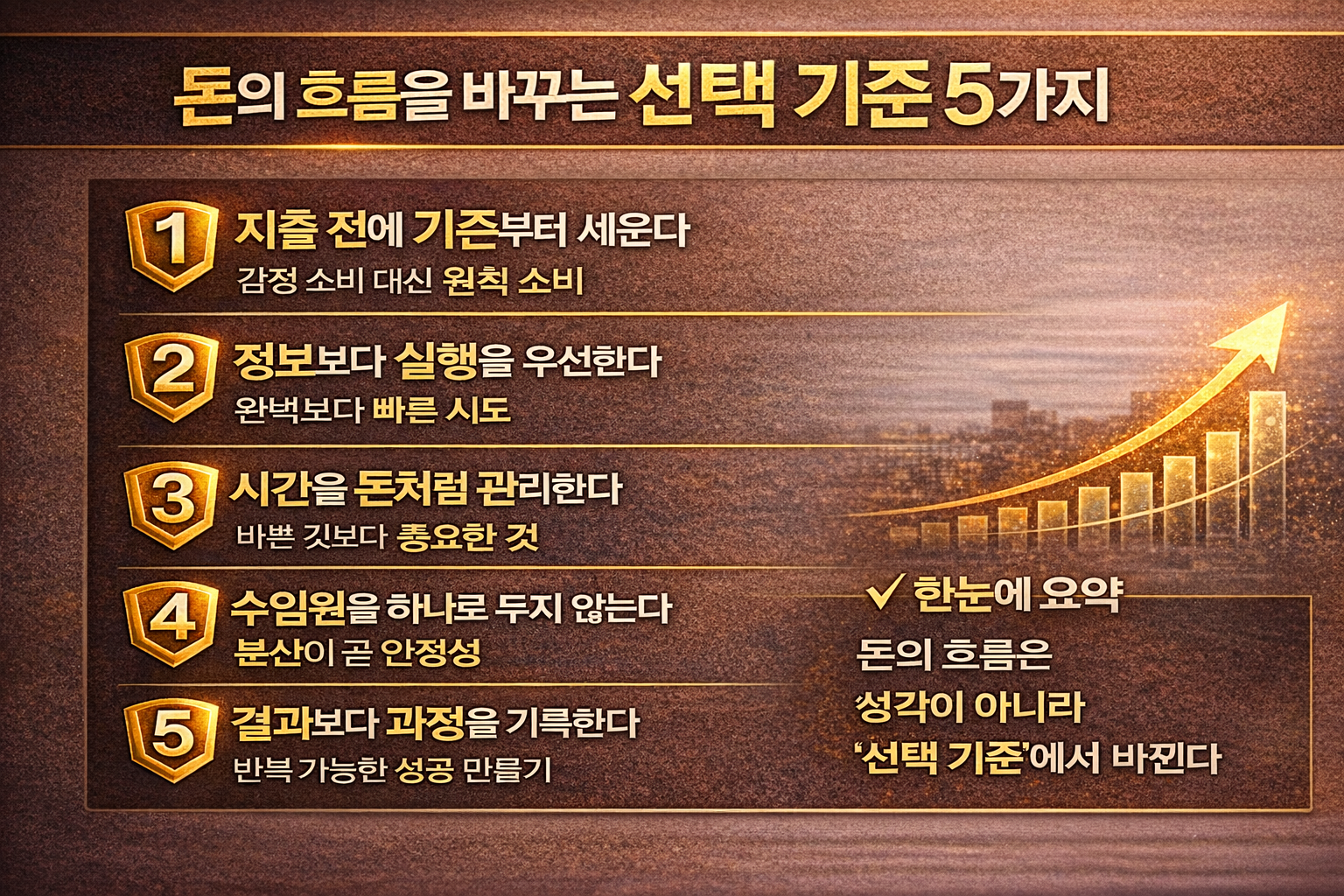 돈의 흐름은 생각이 아니라 선택 기준에서 바뀐다는 메시지를 5가지 핵심 포인트로 정리한 텍스트형 인포그래픽