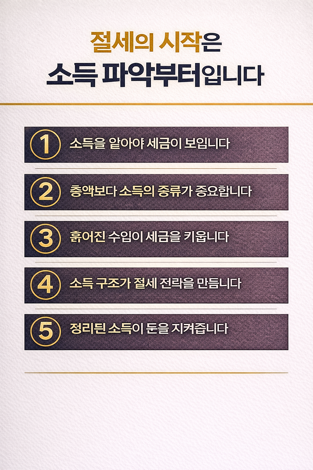 절세의 출발점인 소득 파악의 중요성을 핵심 문구 5가지로 정리한 텍스트형 인포그래픽