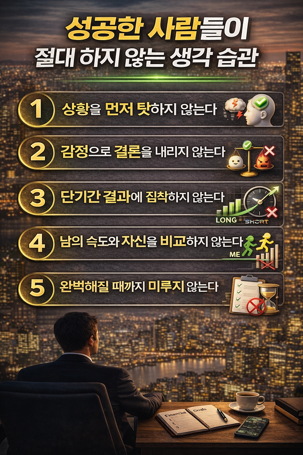 성공한 사람들이 공통적으로 피하는 생각 습관 5가지를 도시 야경과 오피스 감성의 인포그래픽