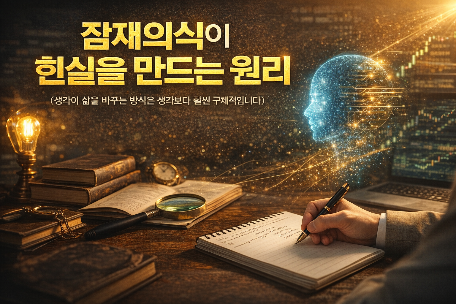 잠재의식이 어떻게 현실을 만들어내는지를 직관적으로 보여주는 현대적인 썸네일 이미지