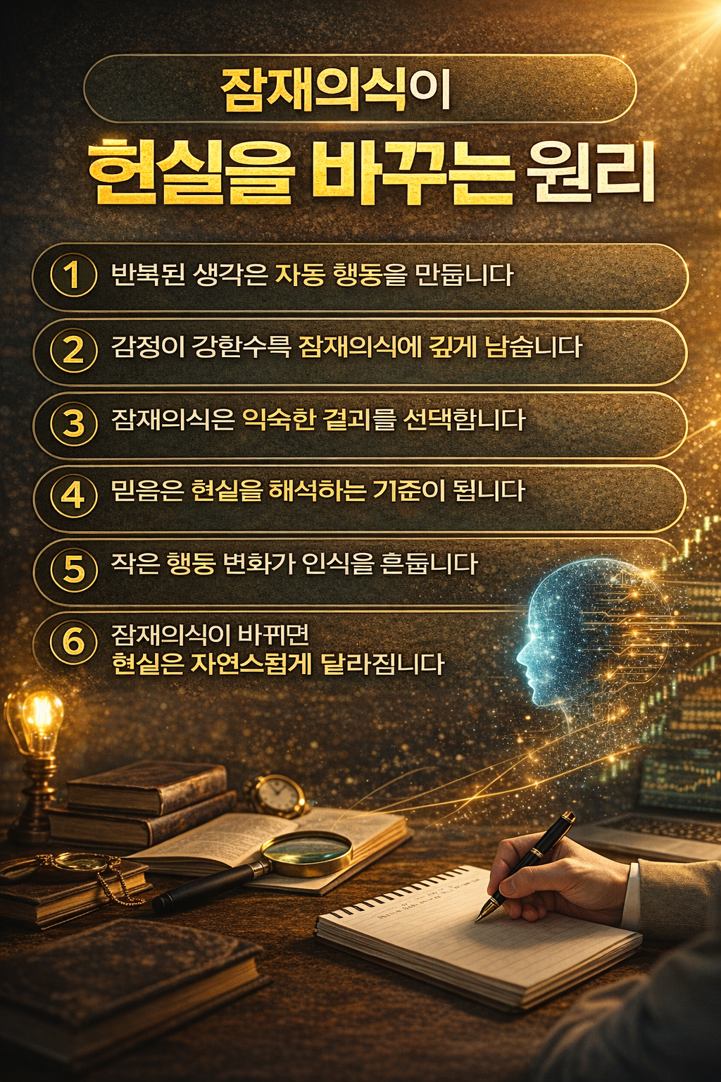 잠재의식이 어떻게 생각과 행동을 통해 현실을 바꾸는지를 6가지 핵심 원리로 정리한 인포그래픽