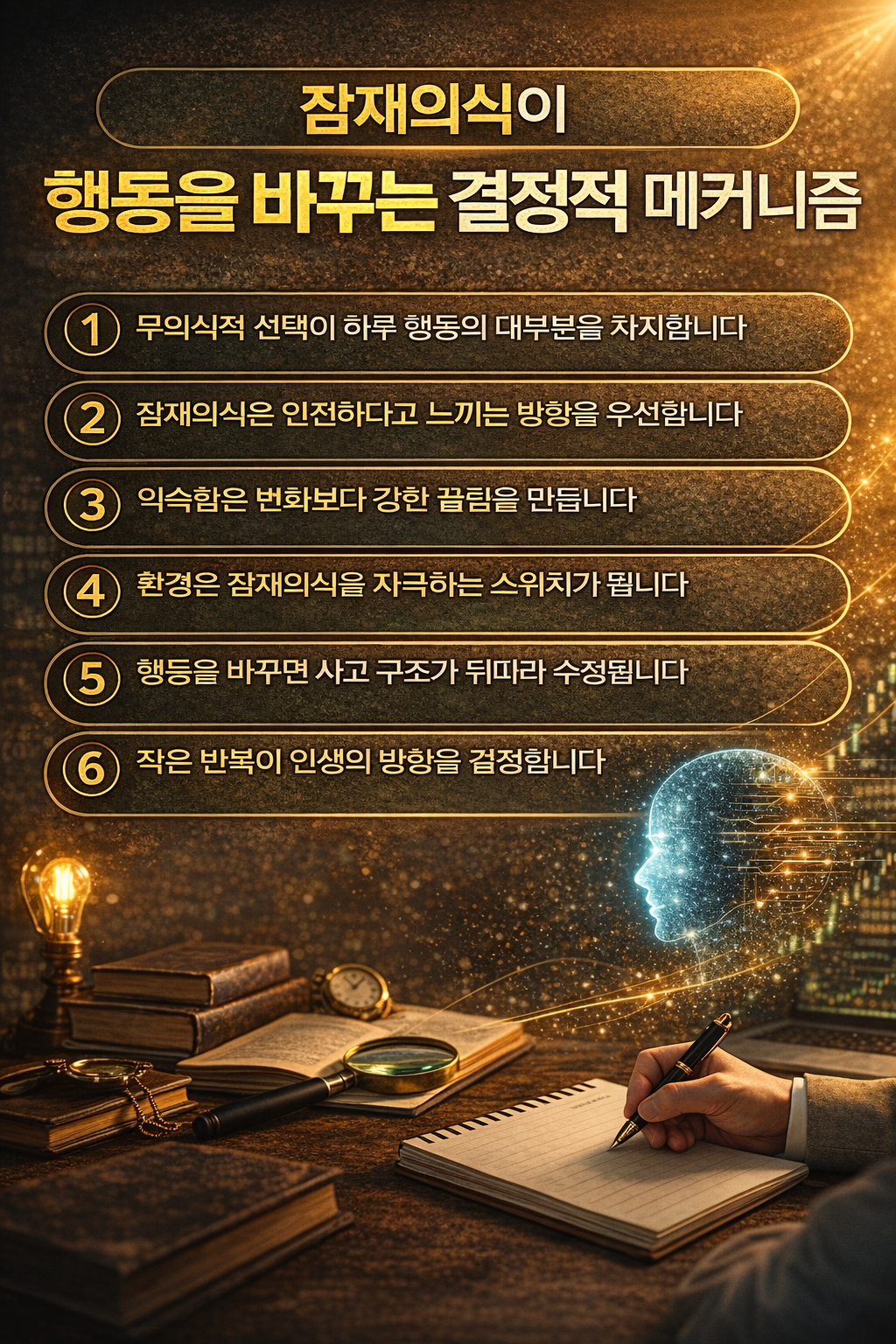 잠재의식이 행동을 바꾸는 과정을 6가지 핵심 메커니즘으로 정리한 인포그래픽