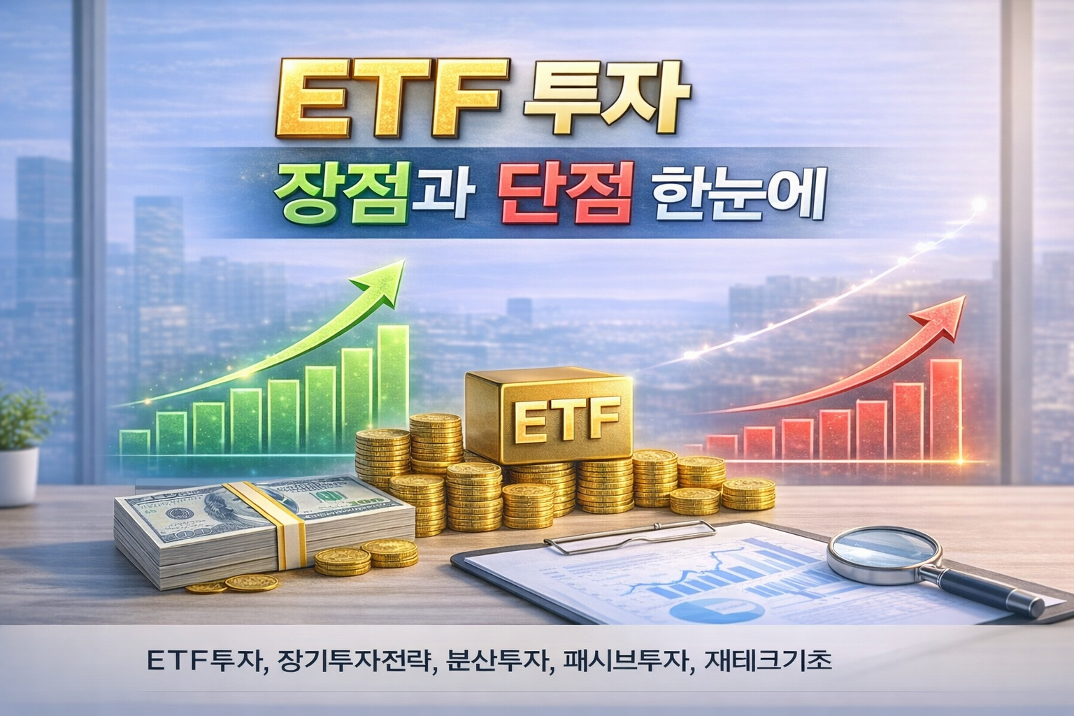 ETF 투자의 장점과 단점을 한눈에 비교해 초보자도 쉽게 이해할 수 있도록 구성한 금융 투자 썸네일 이미지