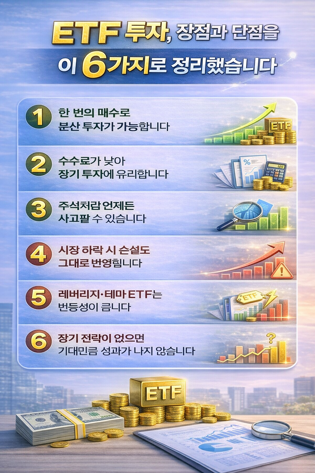 ETF 투자의 장점과 단점을 핵심 기준을 정리해 한눈에 비교할 수 있는 인포그래픽