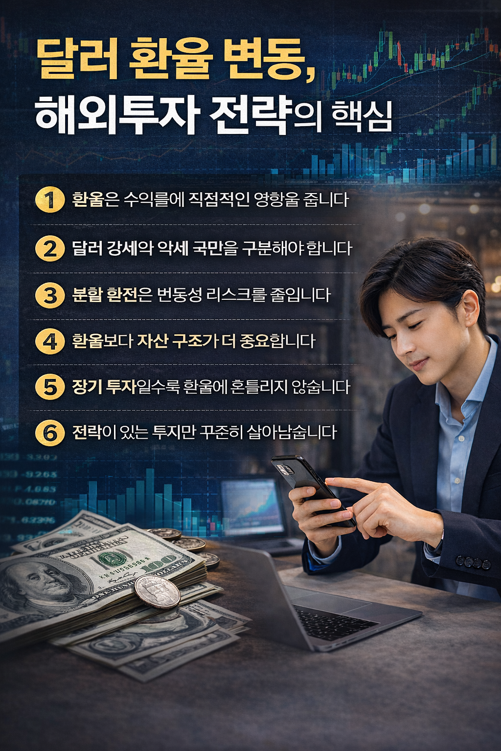 달러 환율 변동에 따른 해외투자 전략 인포그래픽. 환율이 수익률에 미치는 영향부터 분할 환전, 장기 투자 원칙까지 핵심 내용