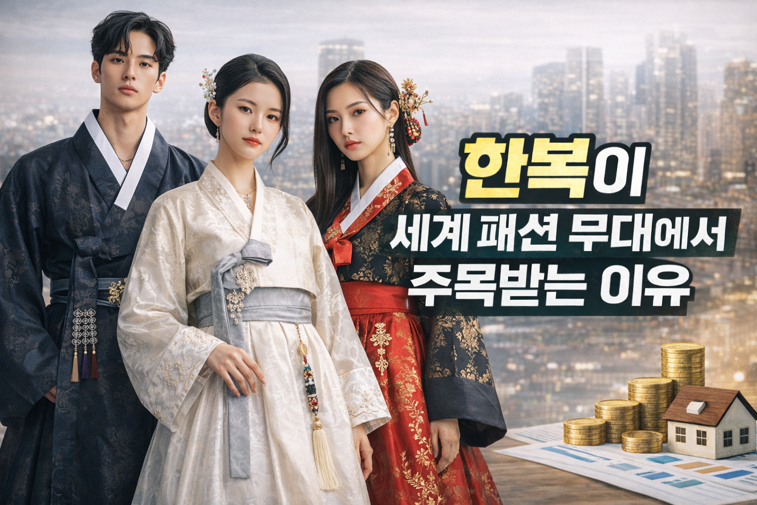 한복의 미학과 글로벌 트렌드의 만남을 시각적으로 표현한 썸네일 이미지