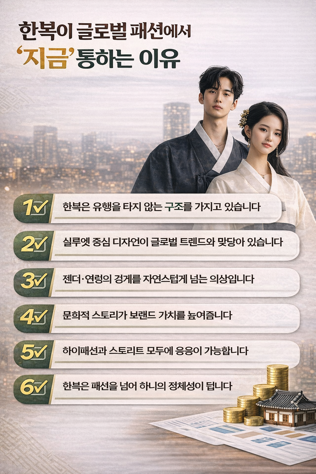 한복이 글로벌 패션에서 ‘지금’ 주목받는 이유를 6가지 핵심 포인트로 정리한 인포그래픽