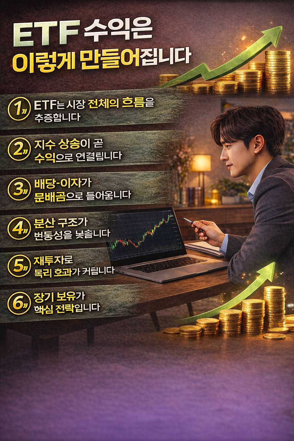 ETF 수익이 어떻게 발생하는지를 시장 추종 구조, 지수 상승, 분배금, 분산 투자, 복리 효과, 장기 보유 전략까지 핵심 포인트로 정리한 인포그래픽