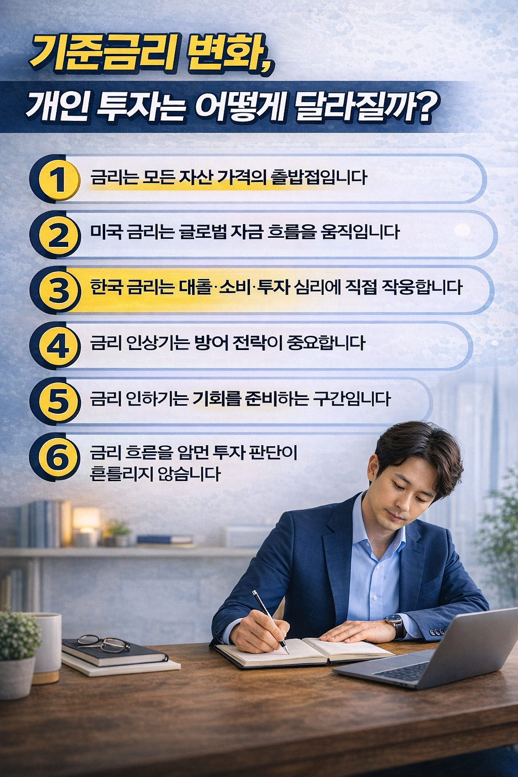 기준금리 변화가 개인 투자 전략에 어떤 영향을 미치는지 포인트로 시각화한 인포그래픽