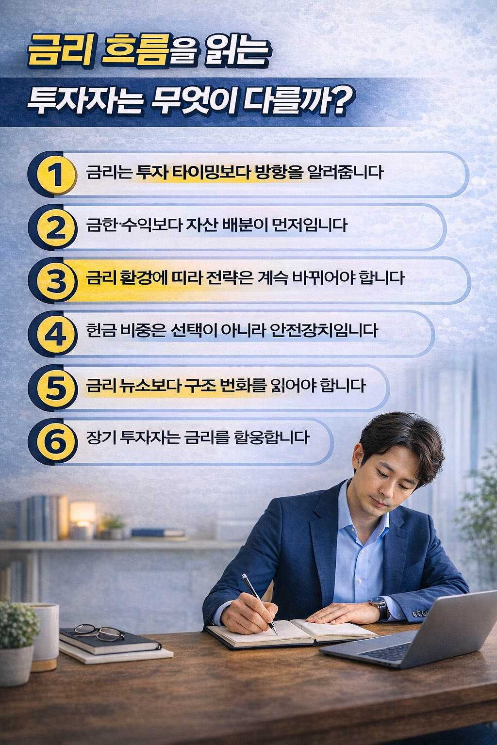 금리 흐름을 읽는 투자자가 갖는 사고방식을 6가지 원칙으로 시각화한 인포그래픽