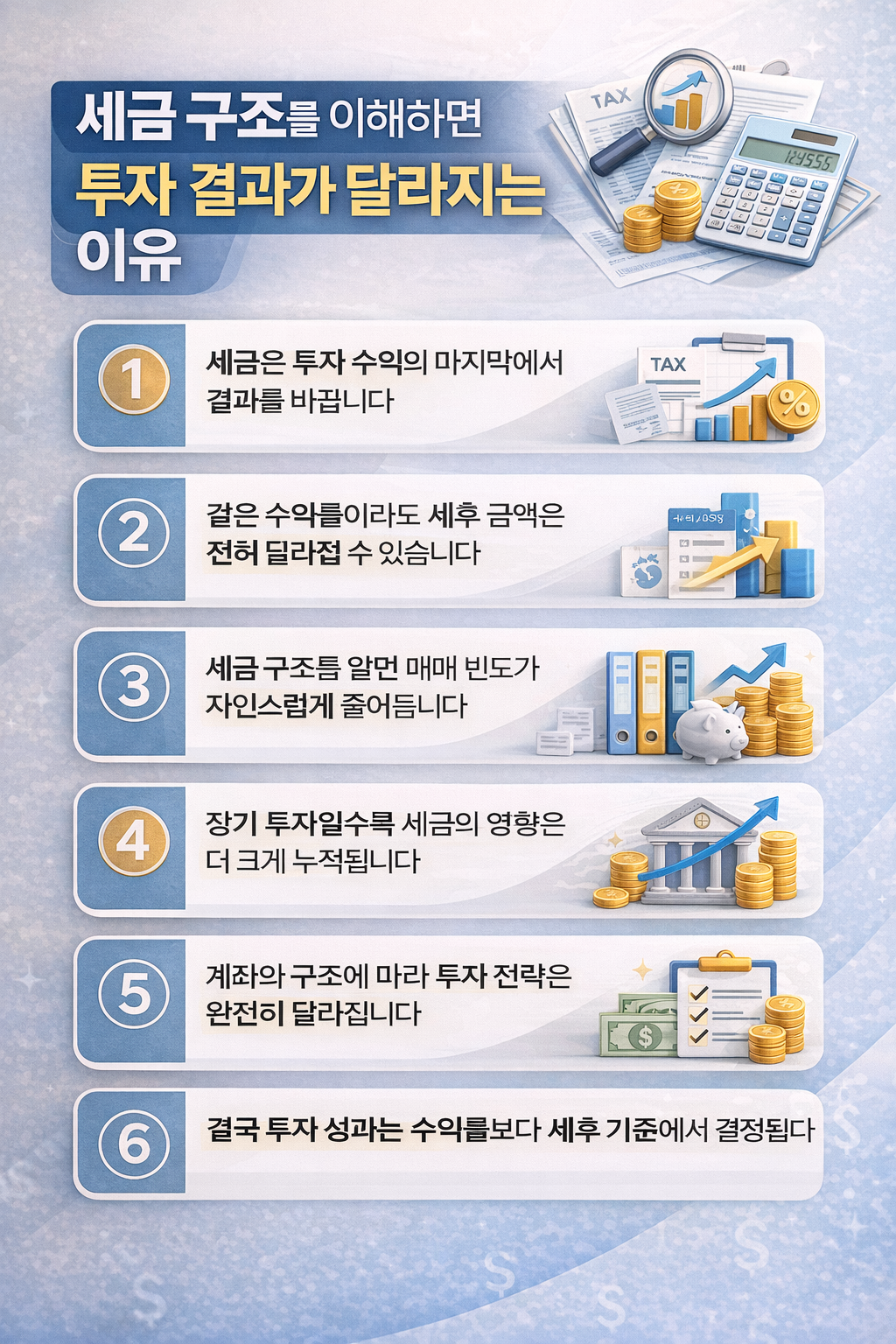 세금 구조를 이해하면 투자 전략과 최종 성과가 어떻게 달라지는지 6가지 기준으로 정리한 인포그래픽