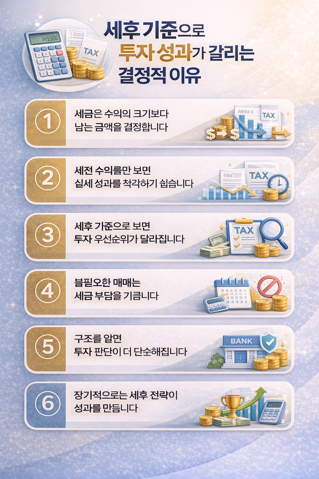 세후 기준으로 보면 왜 투자 성과가 달라지는지 6가지 핵심 이유를 정리한 인포그래픽