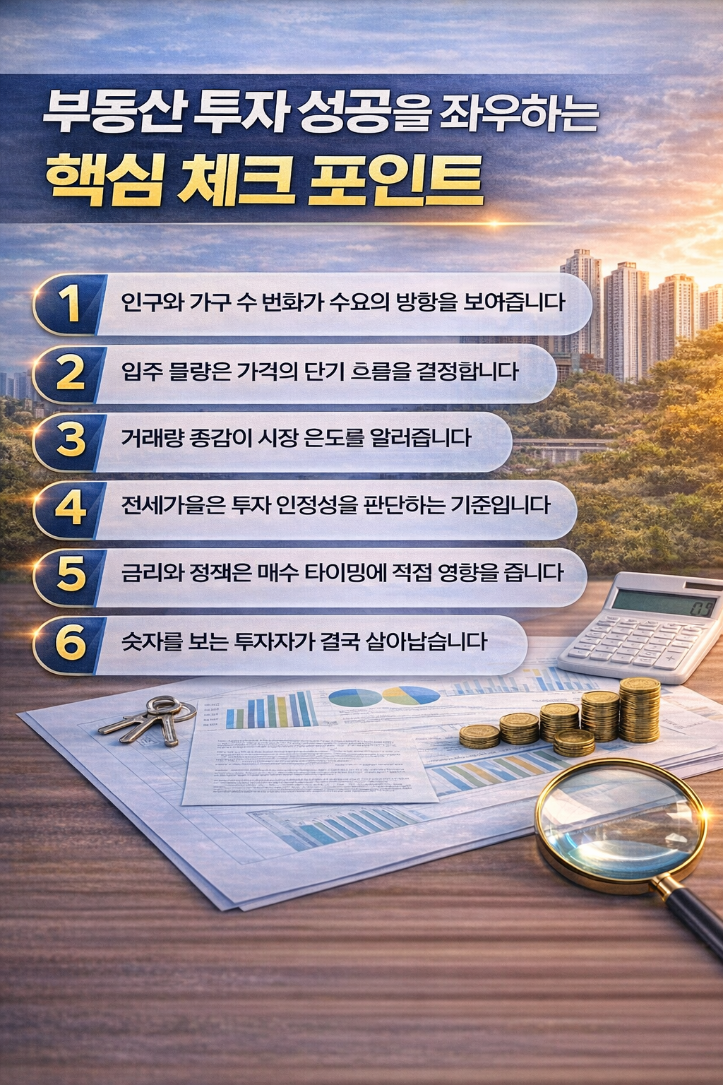 부동산 투자자가 반드시 확인해야 할 핵심 체크 포인트를 시각화한 인포그래픽 이미지
