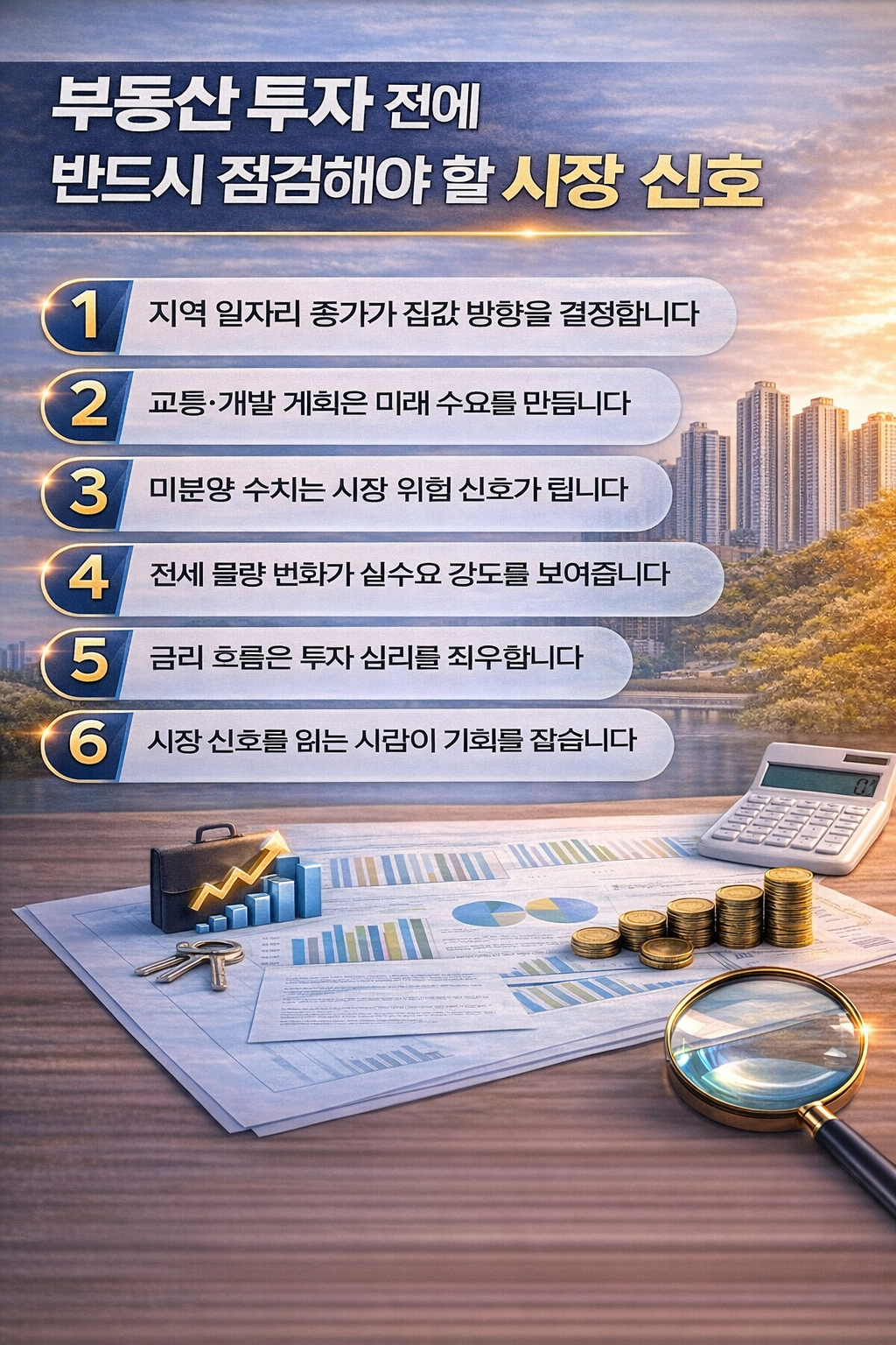 부동산 투자 전 점검해야 할 핵심 시장 신호를 시각적으로 표현한 인포그래픽 이미지