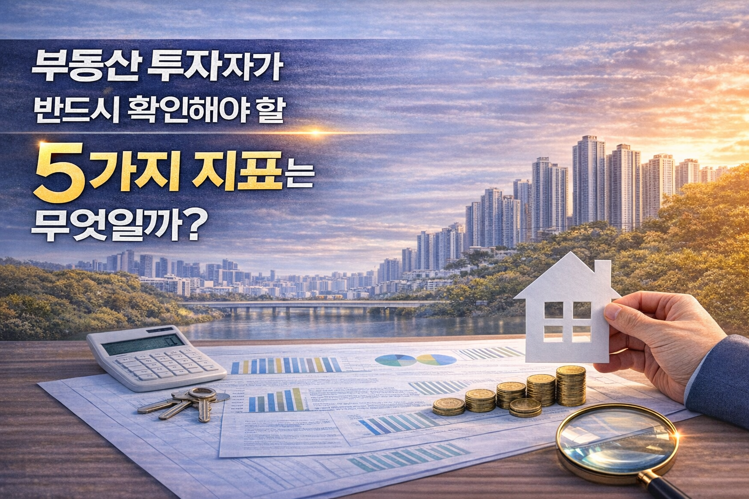 부동산 투자에 필요한 핵심 지표를 상징적으로 표현한 썸네일 이미지
