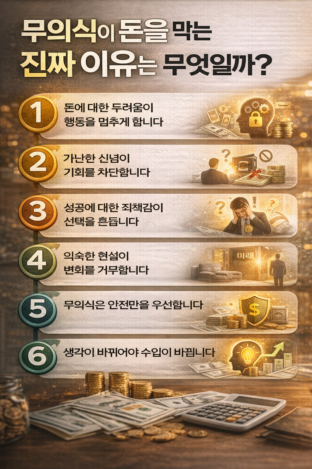 무의식적 신념이 재정 성장을 방해하는 심리 원인을 한눈에 정리한 현대적인 인포그래픽 이미지