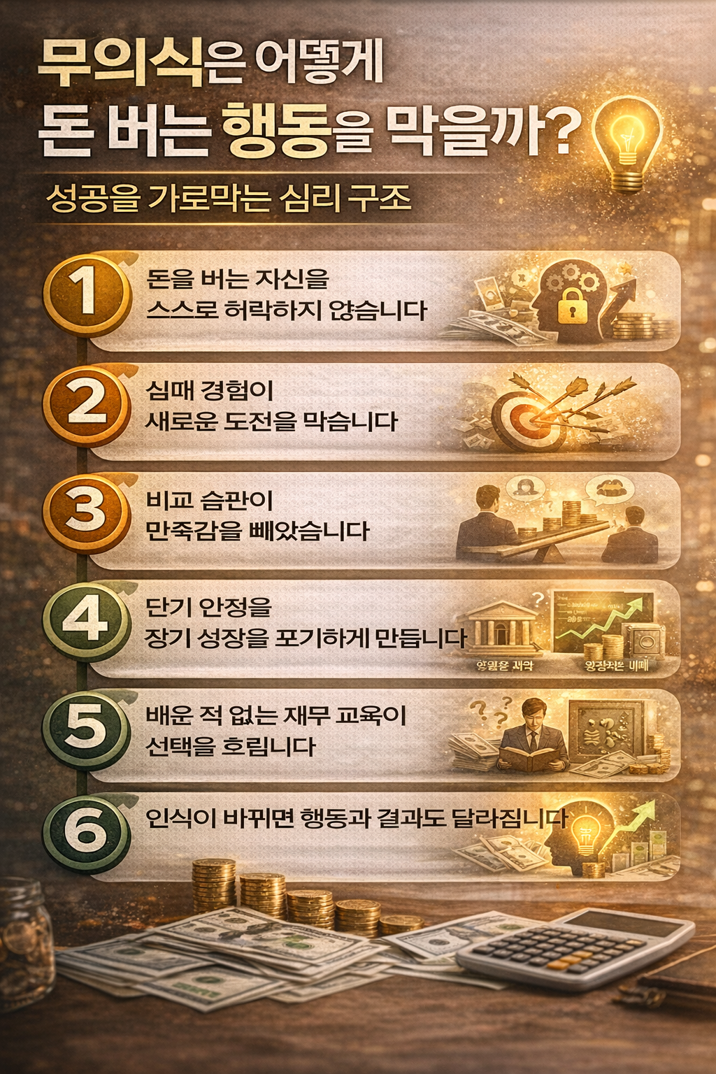 무의식적 신념이 재정 성장을 방해하는 심리 구조를 핵심 요인으로 정리한 현대적인 인포그래픽