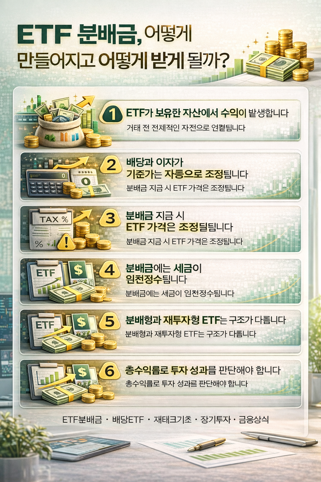 ETF 분배금의 생성 과정부터 세금과 총수익률 개념까지 정리한 투자 구조 이해 인포그래픽 이미지
