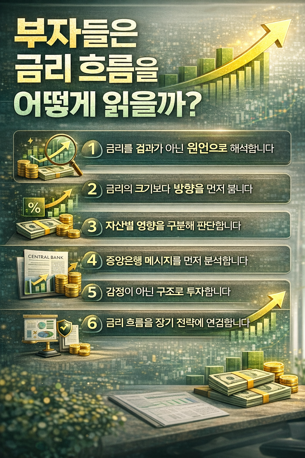 부자들의 금리 해석 방식과 투자 판단 기준을 6단계로 시각화한 현대적인 재테크 인포그래픽 이미지