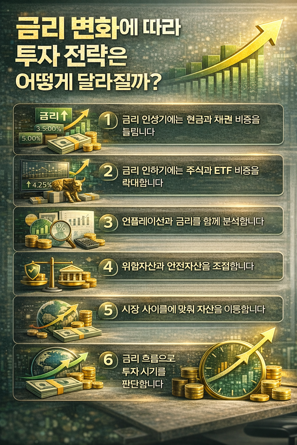 금리 변화에 따른 투자 전략을 6단계로 정리해 한눈에 이해할 수 있도록 구성한 재테크 인포그래픽 이미지