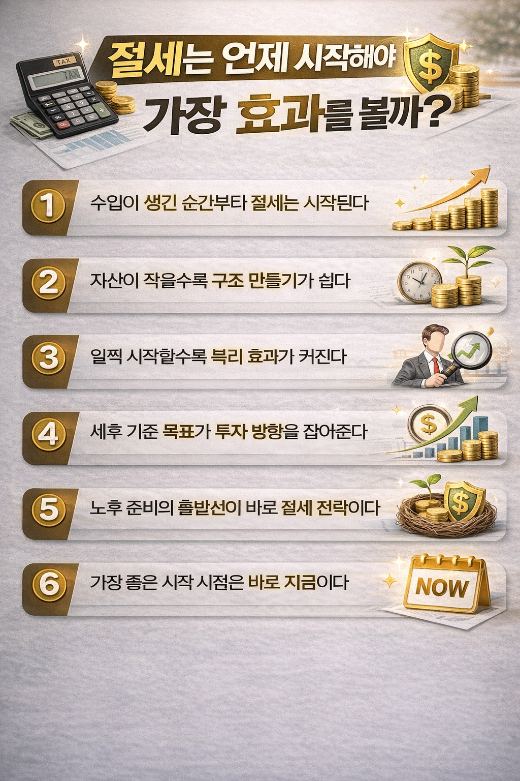 절세는 언제 시작해야 가장 효과적인지를 주제로 한 현대적인 인포그래픽 이미지