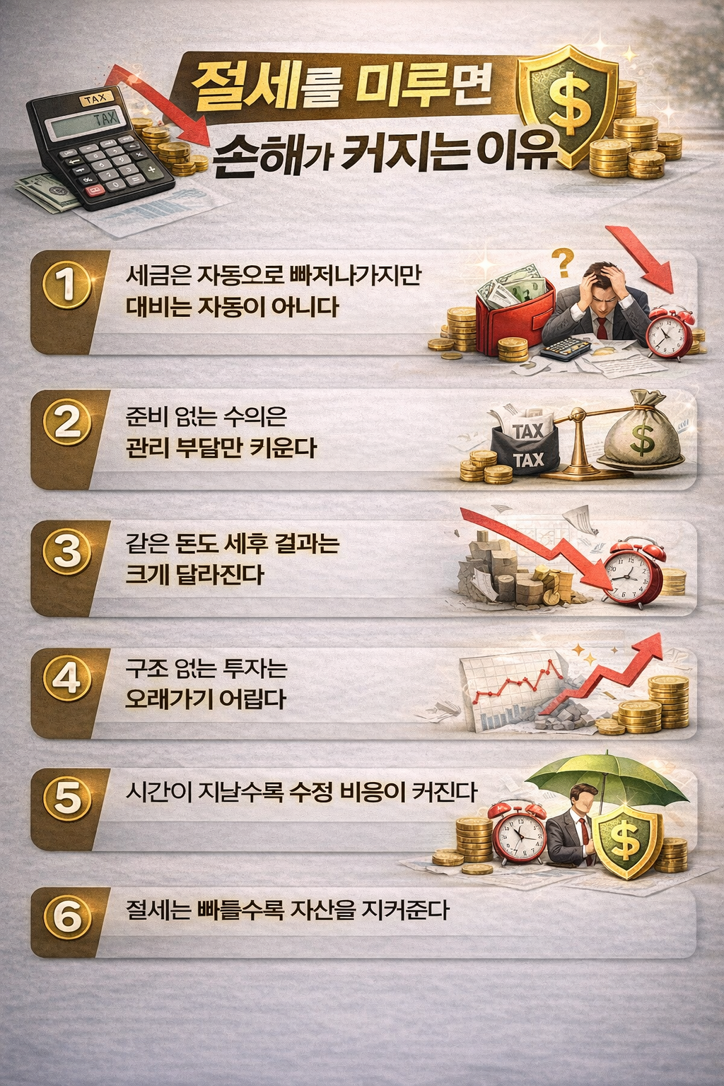 절세를 미루면 손해가 커지는 이유를 설명하는 현대적인 인포그래픽 이미지