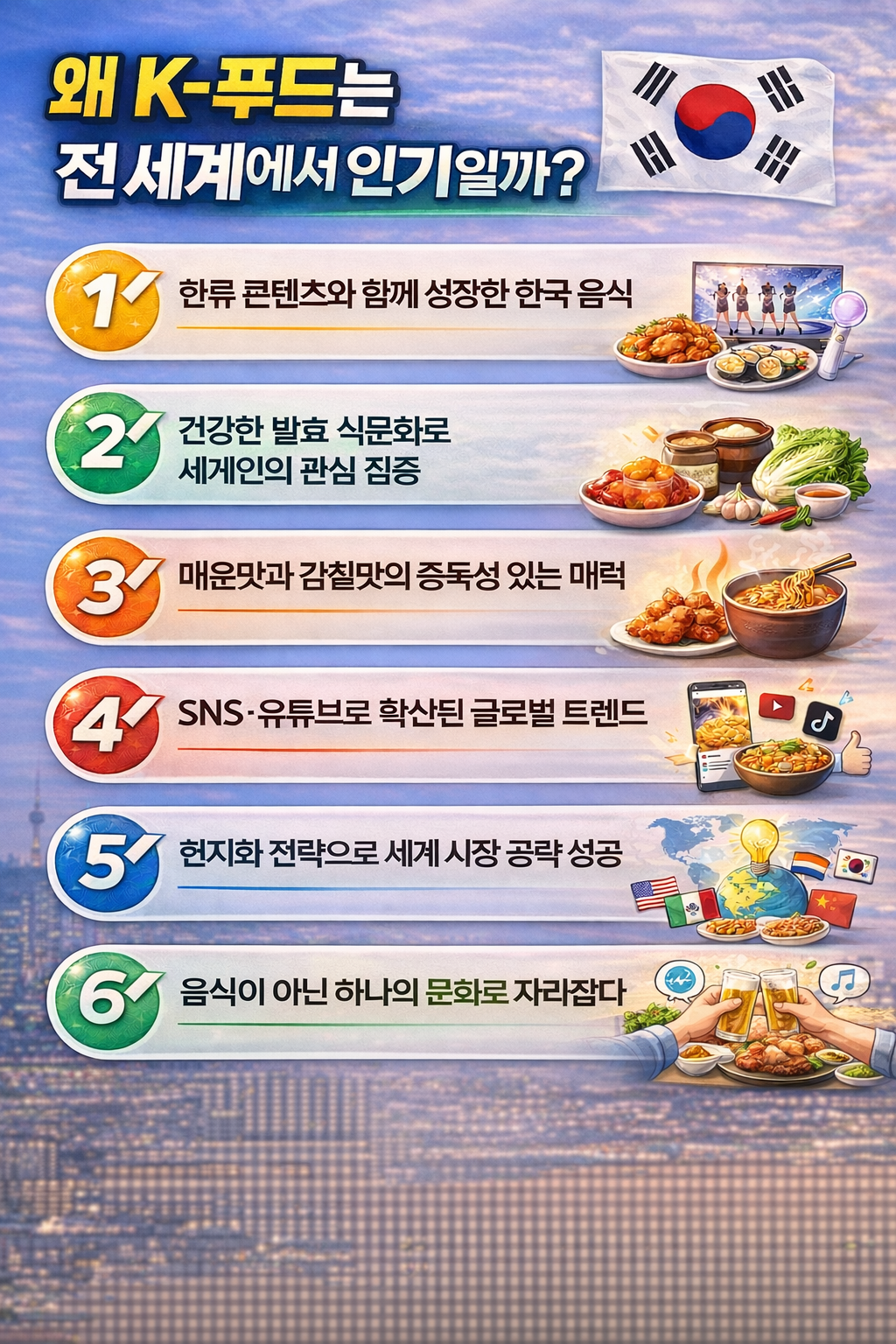 K-푸드가 세계적으로 사랑받는 핵심 이유를 한눈에 이해할 수 있도록 구성한 인포그래픽