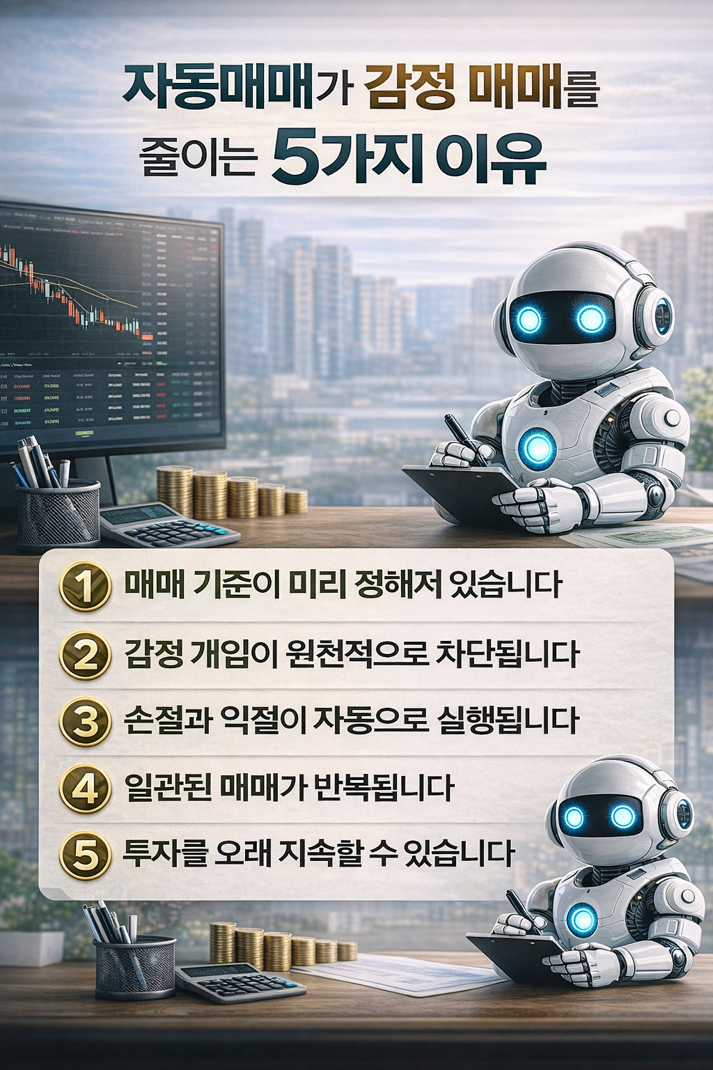 자동매매가 감정 매매를 줄여주는 핵심 이유를 5단계로 정리한 인포그래픽