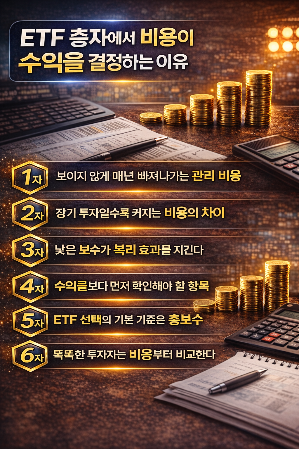 ETF 선택 기준을 정리한 현대적인 금융 인포그래픽 이미지