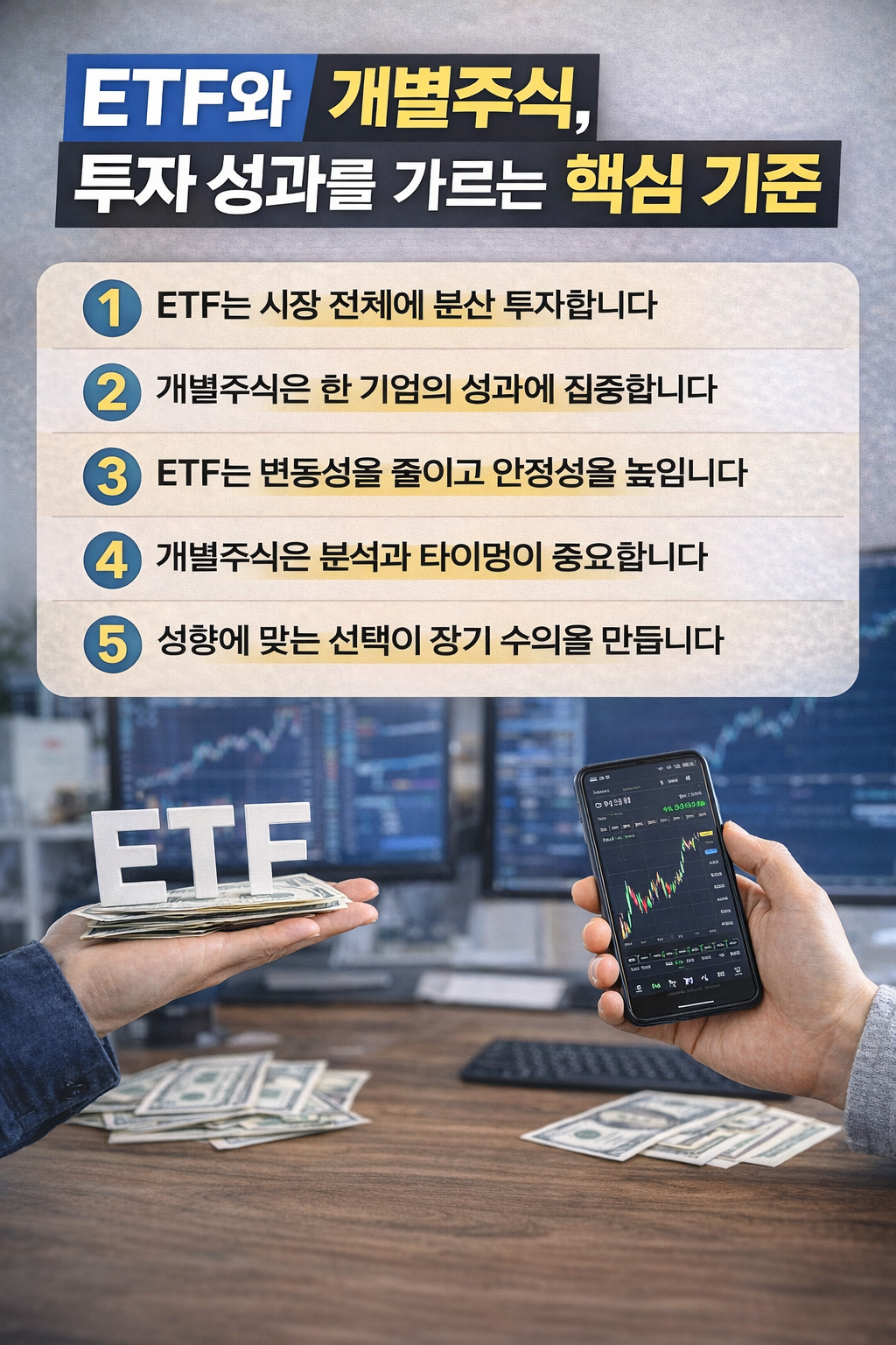 ETF와 개별주식의 투자 방식 차이가 장기 수익에 어떤 영향을 주는지를 한눈에 보여주는 비교 인포그래픽