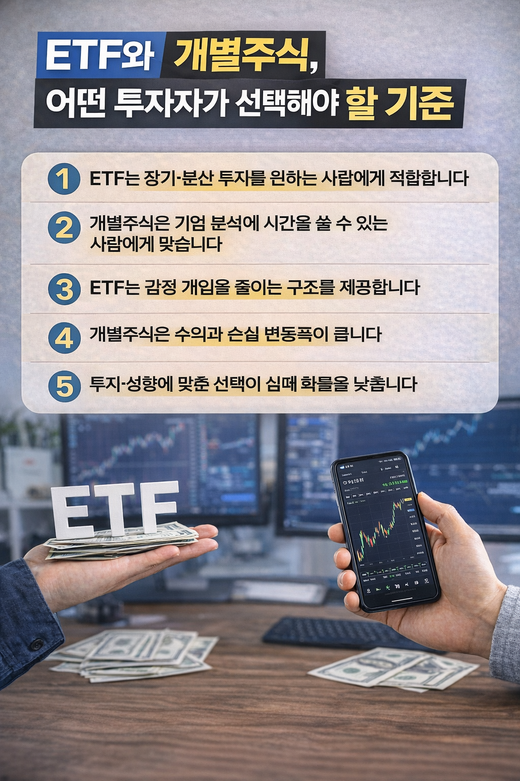 ETF와 개별주식이 각각 어떤 투자자에게 적합한지 투자 성향과 시간, 리스크 관점에서 비교한 인포그래픽