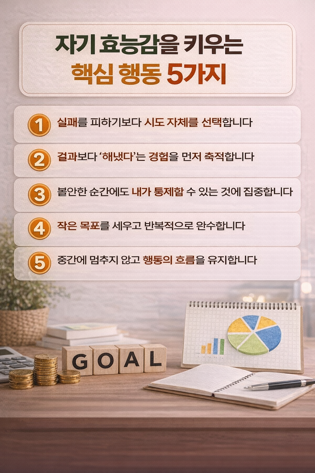 자기 효능감을 높이기 위해 일상에서 실천할 수 있는 핵심 행동 5가지를 한눈에 정리한 심리학 인포그래픽
