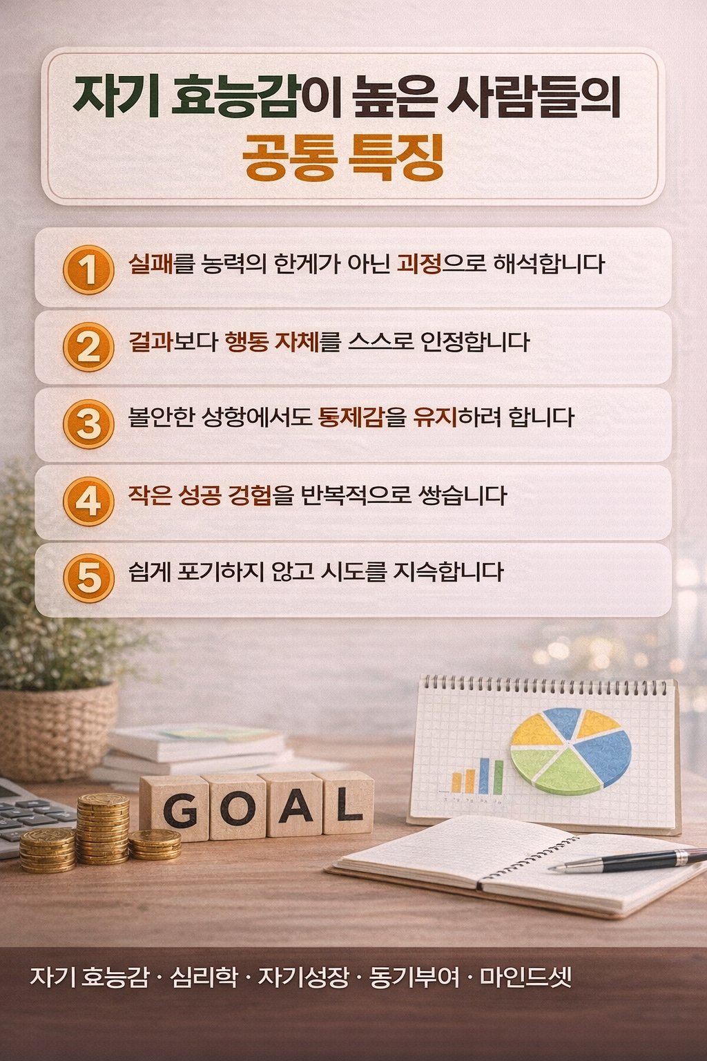 자기 효능감이 높은 사람들이 공통적으로 보이는 사고방식과 행동 패턴을 5가지로 정리한 심리학 인포그래픽