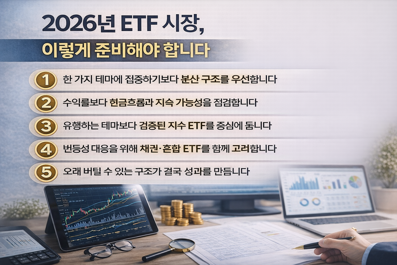 2026년 ETF 시장에서 안정적인 성과를 위해 반드시 점검해야 할 투자 구조와 전략을 5가지로 정리한 인포그래픽