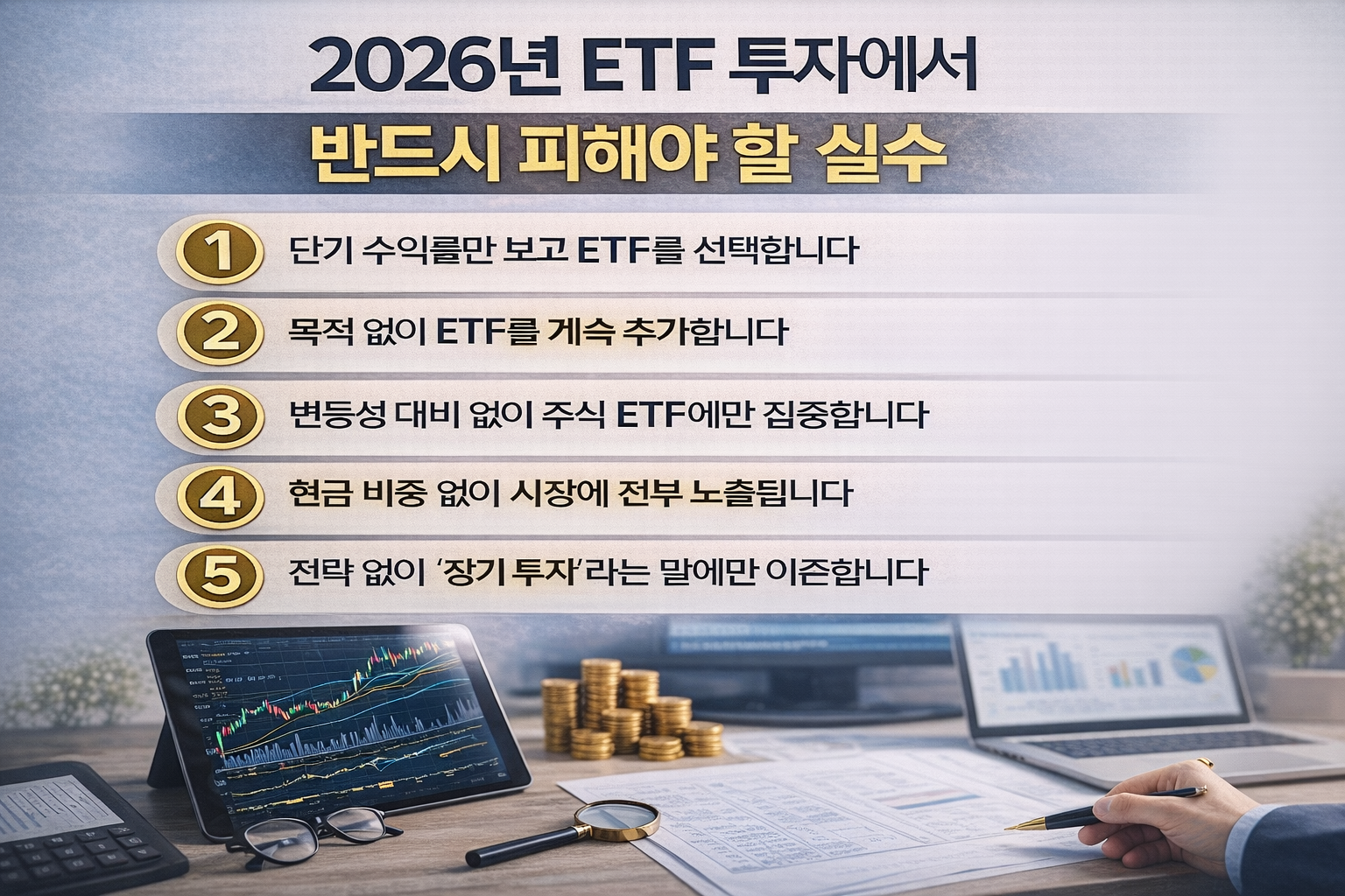2026년 ETF 투자에서 초보자가 가장 많이 저지르는 실수 5가지를 한눈에 정리한 인포그래픽