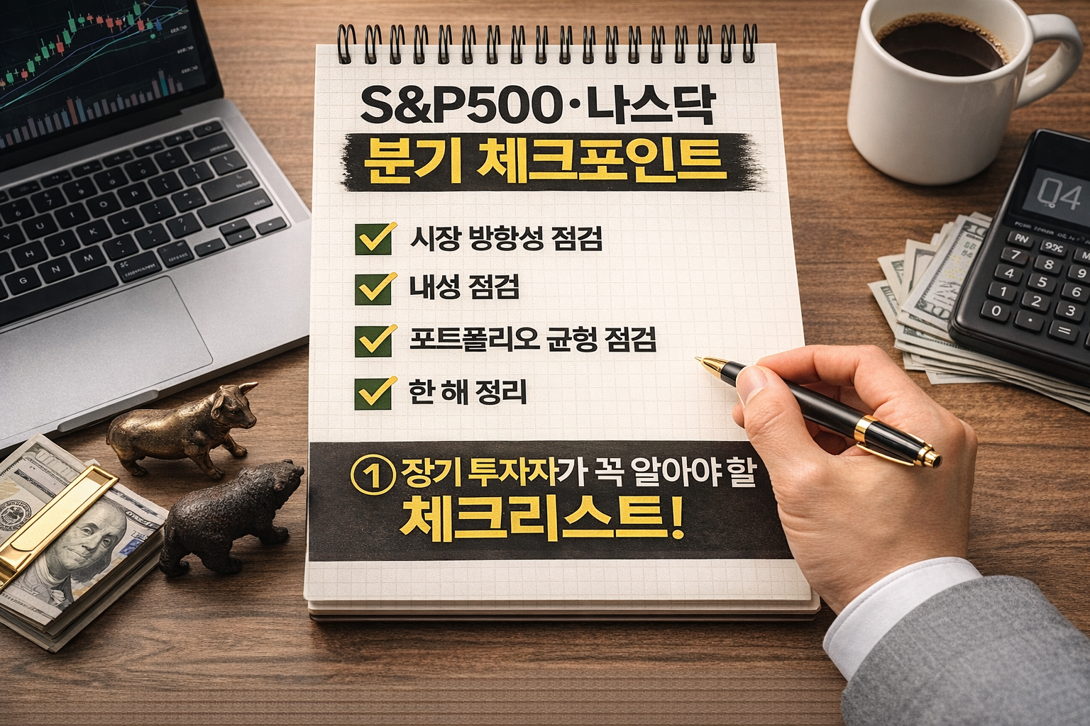 S&P500·나스닥 장기투자자가 분기마다 점검해야 할 핵심 체크포인트를 시각적으로 표현한 썸네일