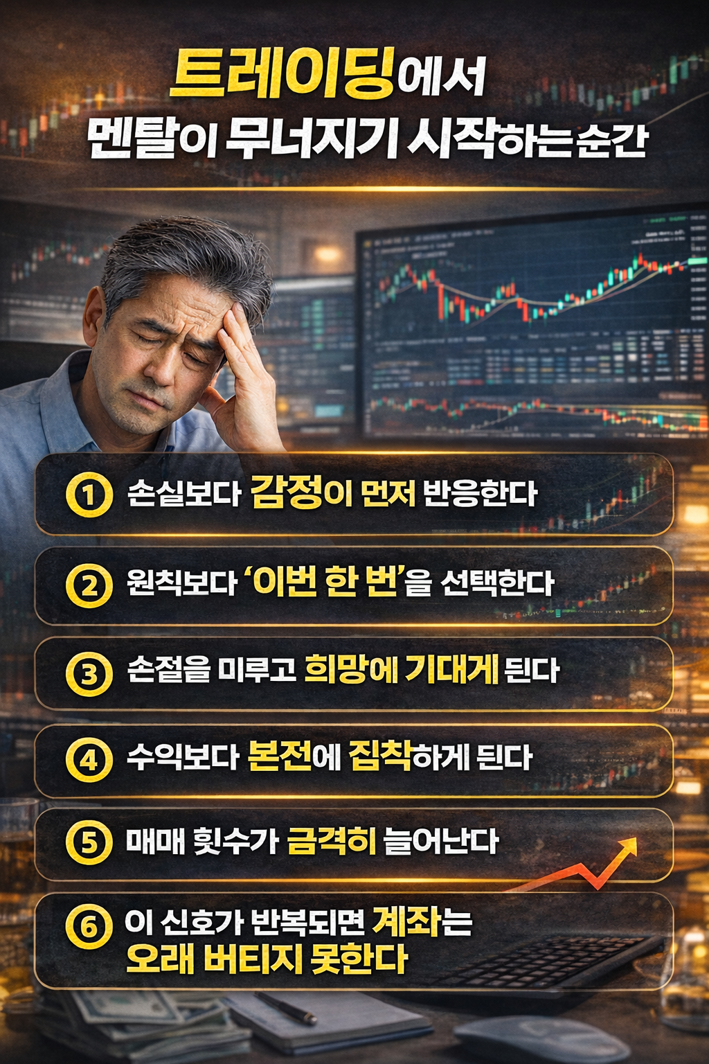 트레이딩 과정에서 멘탈이 무너지기 시작하는 대표적인 신호 6가지를 정리한 인포그래픽 이미지