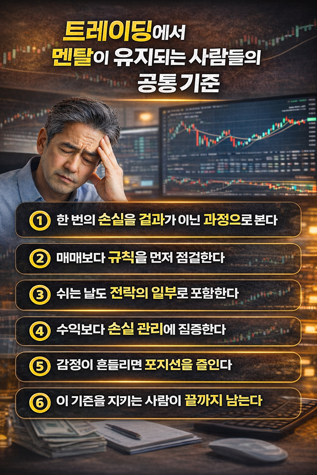 트레이딩에서 멘탈을 안정적으로 유지하는 사람들의 공통 기준을 6단계로 정리한 인포그래픽