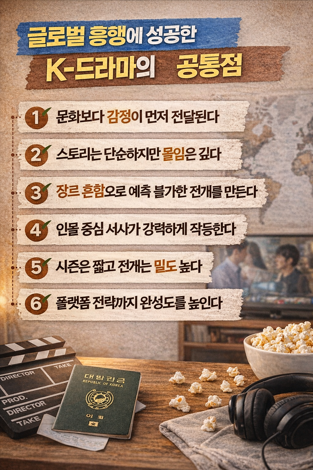 전 세계에서 사랑받은 K-드라마의 성공 요인을 감정과 서사, 플랫폼 전략 관점에서 6가지로 정리한 인포그래픽