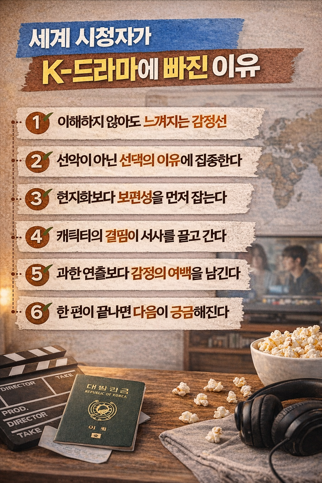 언어와 문화를 넘어 세계 시청자가 K-드라마에 몰입하게 되는 이유를 감정과 서사 중심으로 정리한 인포그래픽