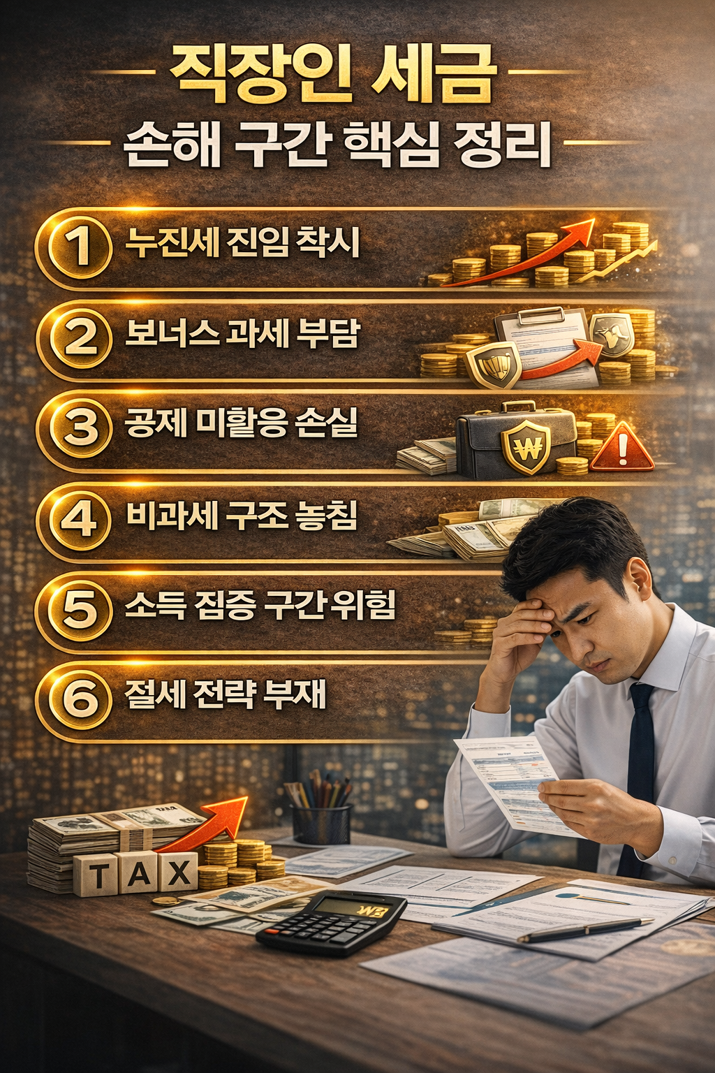 직장인의 세금 부담과 손해 구간을 한눈에 이해할 수 있도록 구성한 생활 금융 인포그래픽