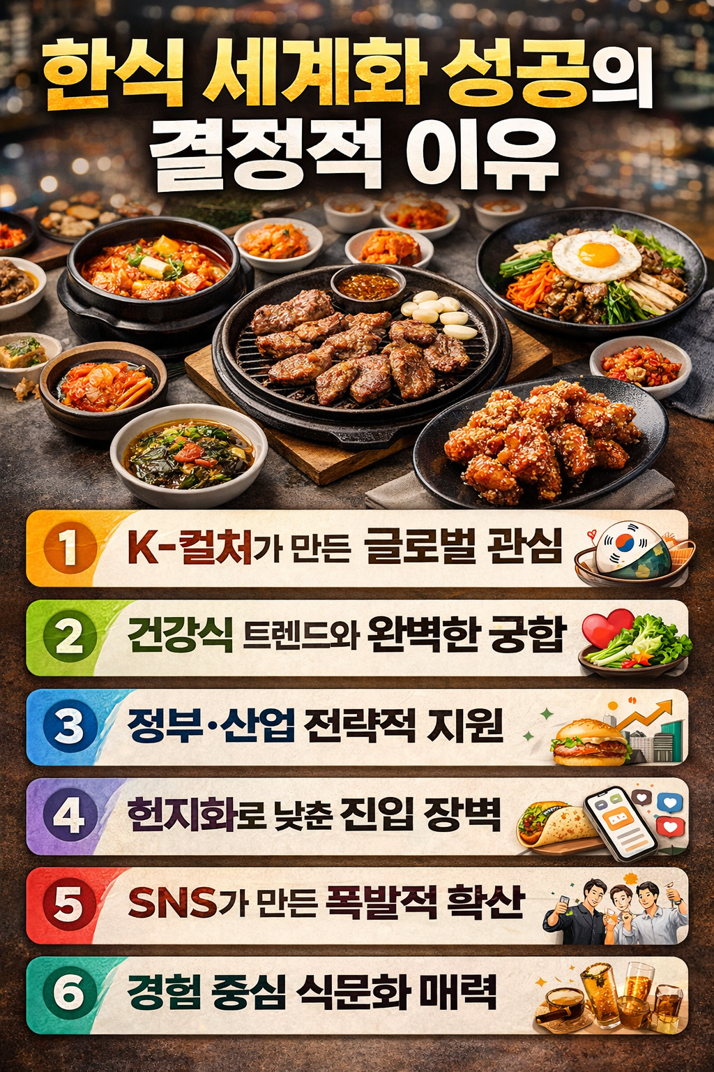 한식이 세계적으로 성공한 핵심 요인을 한눈에 정리한 인포그래픽