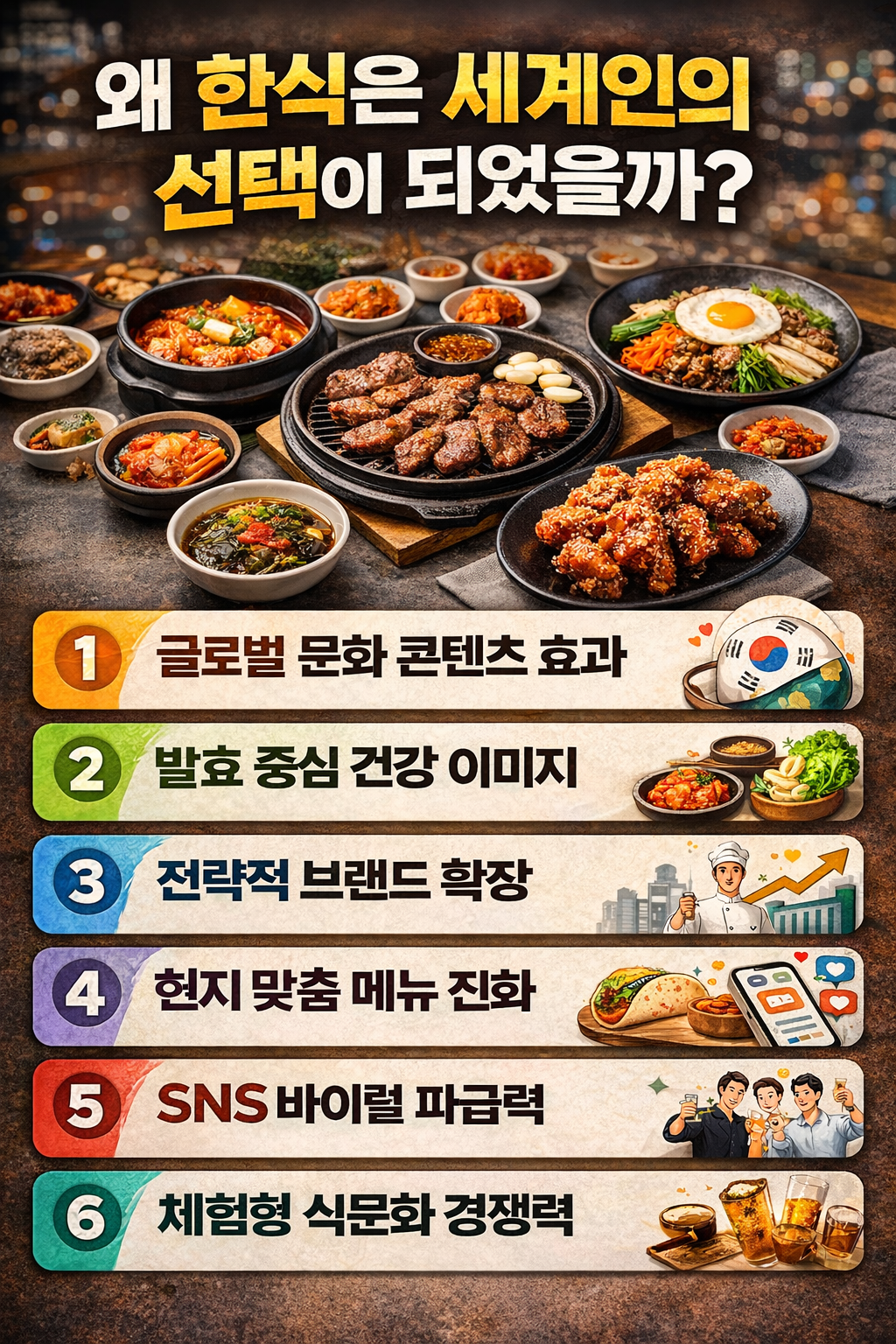 왜 한식이 세계적으로 사랑받는지 핵심 요인을 한눈에 보여주는 인포그래픽