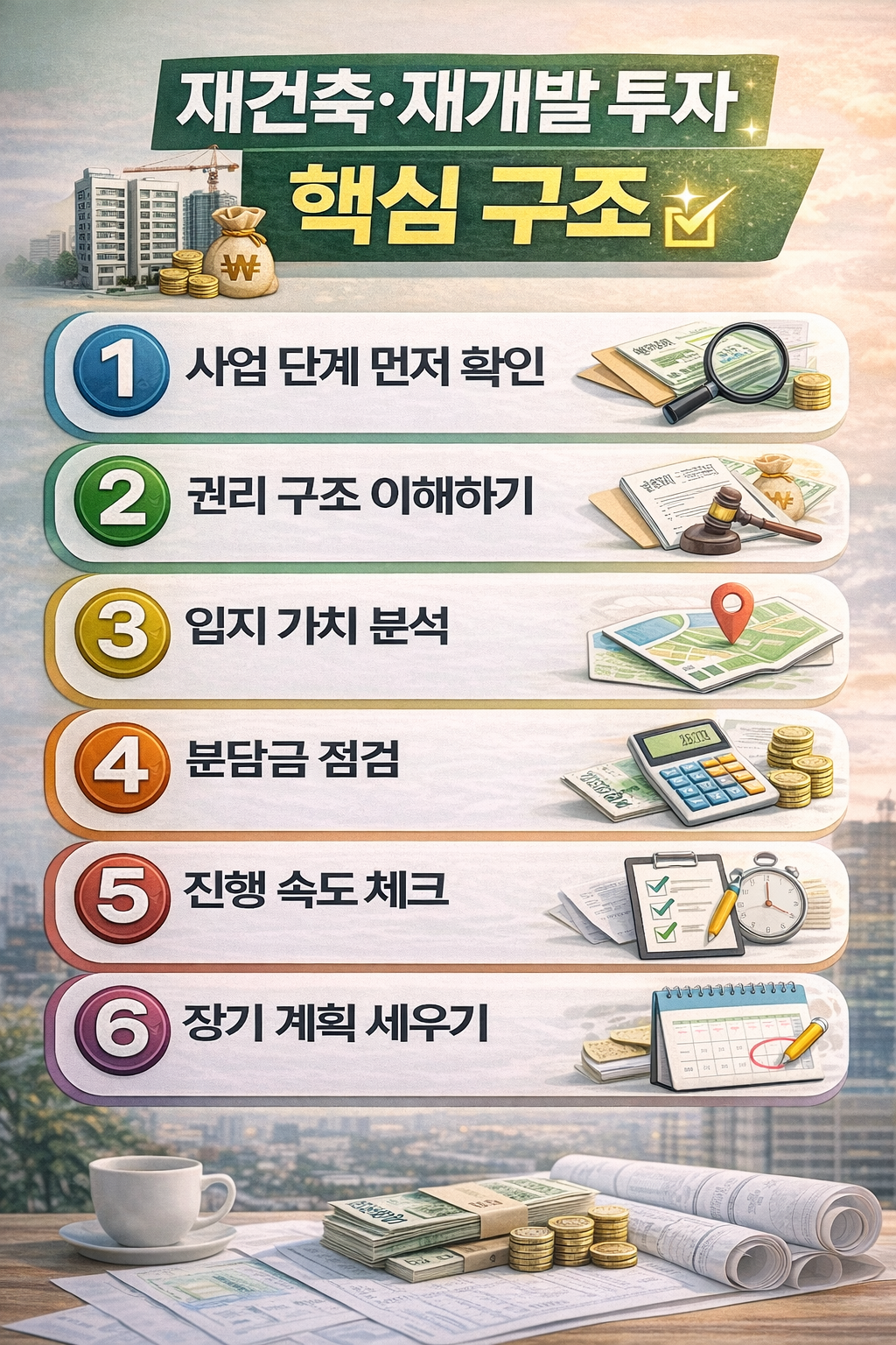 재건축과 재개발 투자 시 꼭 확인해야 할 6가지 핵심 단계를 정리한 부동산 투자 인포그래픽 이미지